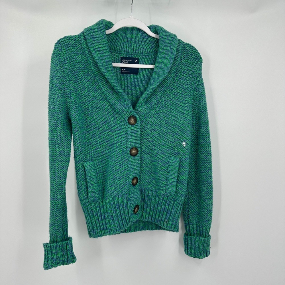 American Eagle Womens Preppy Chunky Knit Cardigan Size M Shawl Collar Cozy Cabin